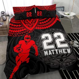 Personalized Football Duvet Cover Set, America Football Maori Player Gift Red Black Duvet Cover & Pillowcases, Custom Name Number Bedding Set