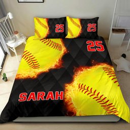 Personalized Softball Duvet Cover Set, Softball Fire Ball Player Gift Idea Black Personalized Duvet Cover & Pillowcases, Number Bedding Set