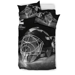 Personalized Hockey Duvet Cover Set, Hockey Helmet Player Gift Idea Black Grey Duvet Cover & Pillowcases, Custom Name Number Bedding Set