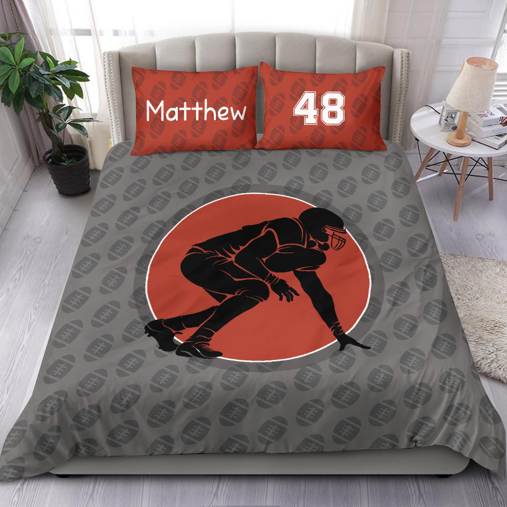 Personalized Football Duvet Cover Set, Football Boy Player Gift Idea Grey Vintage Duvet Cover & Pillowcases, Custom Name Number Bedding Set