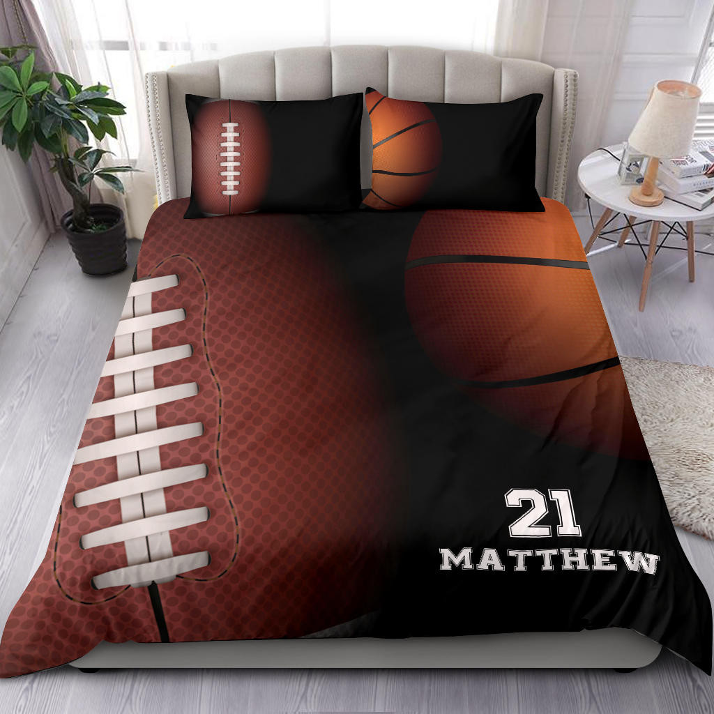 Personalized Football Duvet Cover Set, Football Basketball Pattern Player Gift Idea Duvet Cover & Pillowcases, Custom Name Number Bedding Set