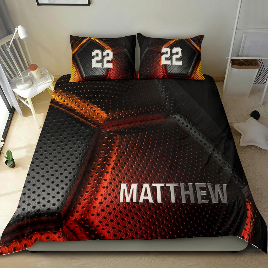 Personalized Soccer Duvet Cover Set, Soccer Pattern Orange Black Ball Player Gift Duvet Cover & Pillowcases, Custom Name Number Bedding Set