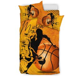 Personalized Basketball Duvet Cover Set, Basketball Boy Run Player Gift Idea Orange Duvet Cover & Pillowcases, Custom Name Number Bedding Set