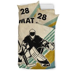 Personalized Hockey Duvet Cover Set, Hockey Boy Vintage Retro Player Gift Idea Duvet Cover & Pillowcases, Custom Name Number Bedding Set