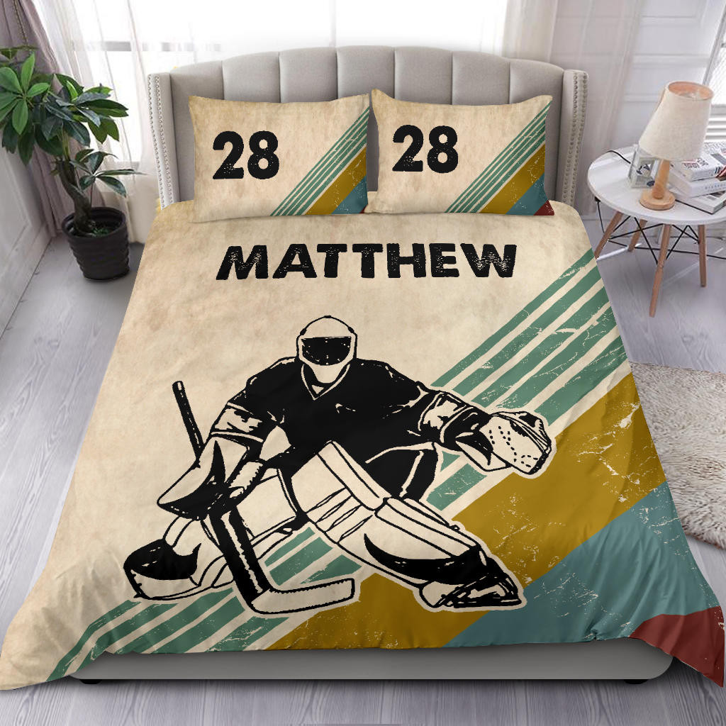 Personalized Hockey Duvet Cover Set, Hockey Boy Vintage Retro Player Gift Idea Duvet Cover & Pillowcases, Custom Name Number Bedding Set