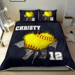 Personalized Softball Duvet Cover Set, Softball Ball Crack Player Gift Idea Black Duvet Cover & Pillowcases, Custom Name Number Bedding Set