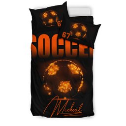 Personalized Soccer Duvet Cover Set, Soccer Ball Light Orange Player Gift Idea Duvet Cover & Pillowcases, Custom Name Number Bedding Set