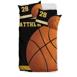 Personalized Basketball Duvet Cover Set, Basketball Gold Ball Player Gift Idea Black Duvet Cover & Pillowcases, Custom Name Number Bedding Set