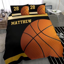 Personalized Basketball Duvet Cover Set, Basketball Gold Ball Player Gift Idea Black Duvet Cover & Pillowcases, Custom Name Number Bedding Set