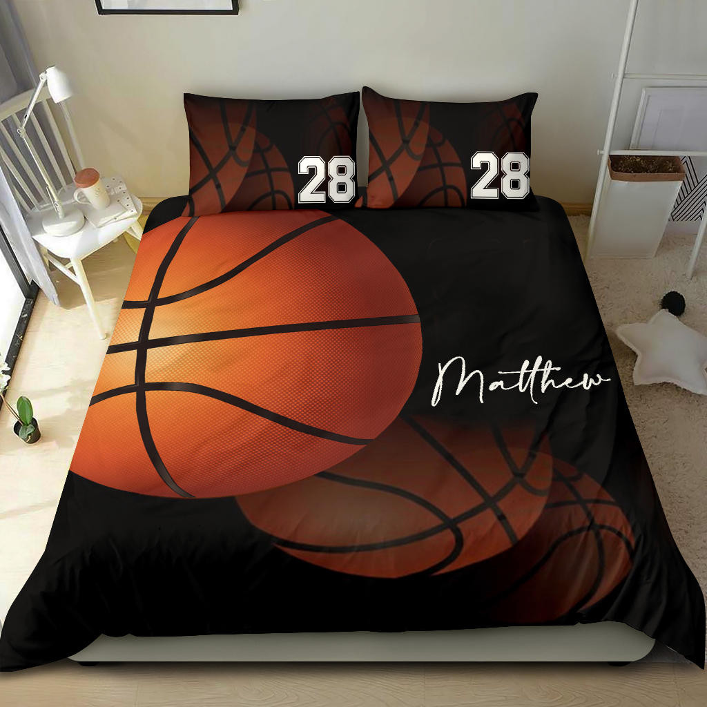Personalized Basketball Duvet Cover Set, Basketball Ball Bounce Player Gift Black Duvet Cover & Pillowcases, Custom Name Number Bedding Set