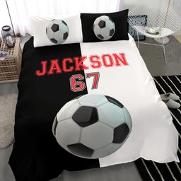Personalized Soccer Duvet Cover Set, Soccer Ball Black White Player Gift Idea Duvet Cover & Pillowcases, Custom Name Number Bedding Set