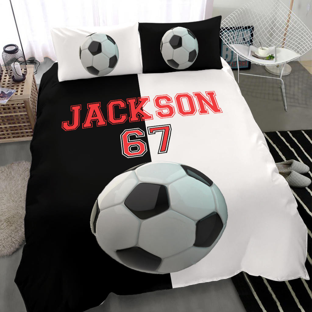 Personalized Soccer Duvet Cover Set, Soccer Ball Black White Player Gift Idea Duvet Cover & Pillowcases, Custom Name Number Bedding Set
