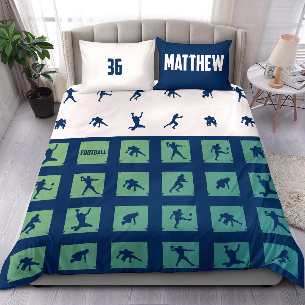 Personalized Football Duvet Cover Set, Football In Boxes Player Gift Idea Turquoise Duvet Cover & Pillowcases, Custom Name Number Bedding Set