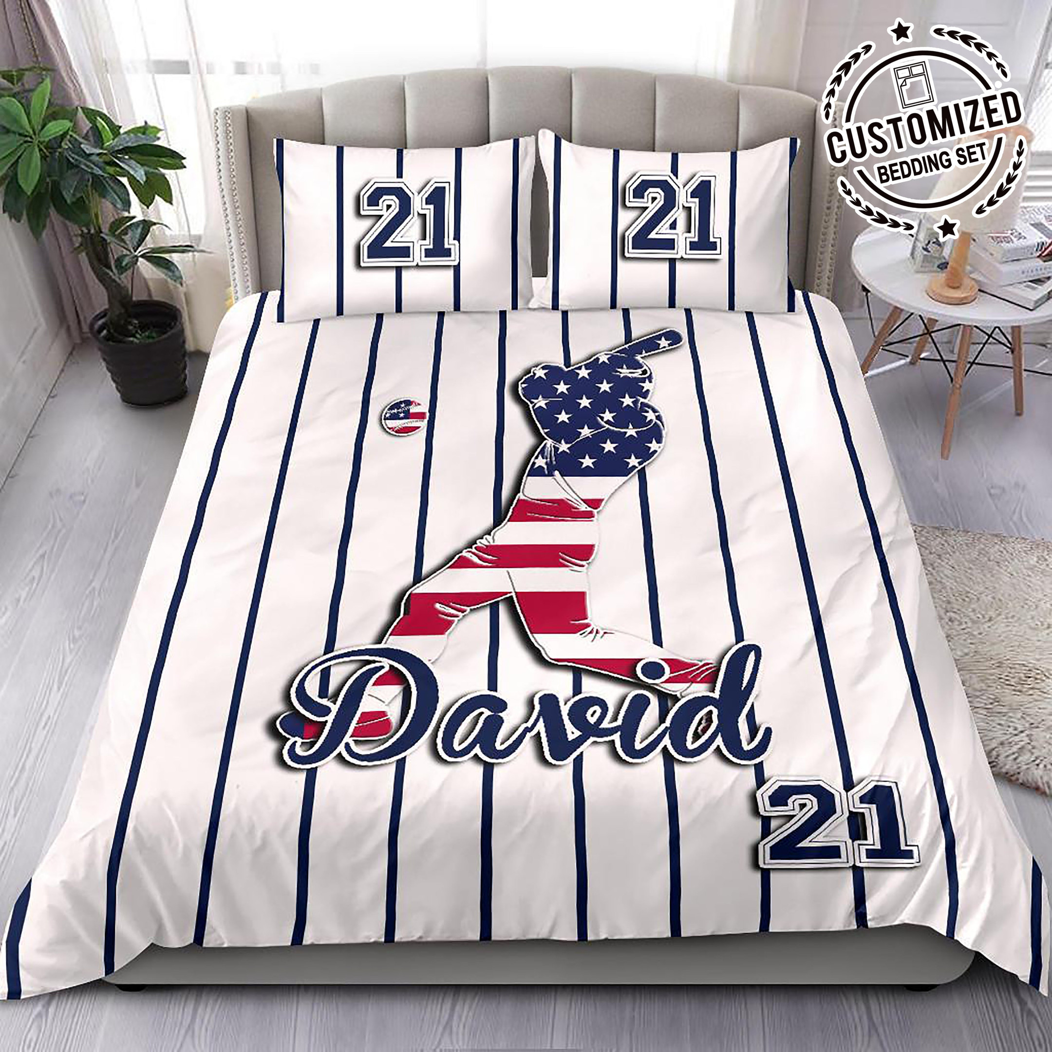 Personalized Baseball Duvet Cover Set, Baseball Stripe America Us Flag Player Gift Duvet Cover & Pillowcases, Custom Name Number Bedding Set