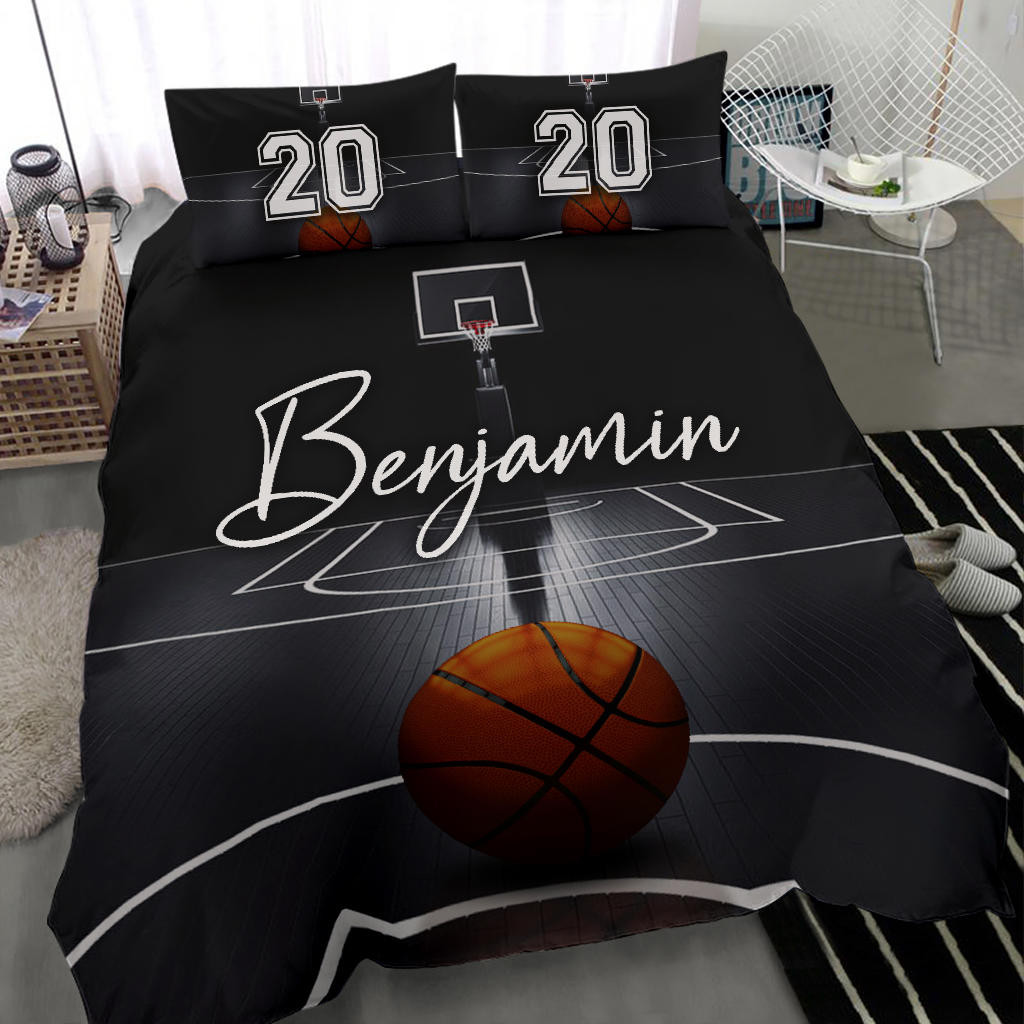 Personalized Basketball Duvet Cover Set, Basketball 3D Black Court Player Gift Idea Duvet Cover & Pillowcases, Custom Name Number Bedding Set