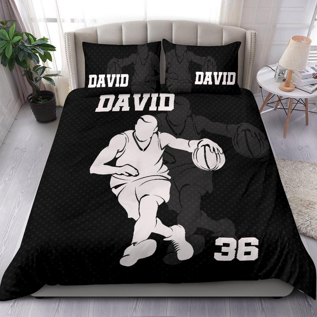 Personalized Basketball Duvet Cover Set, Basketball Boy Black Shadow Player Gift Idea Duvet Cover & Pillowcases, Custom Name Number Bedding Set