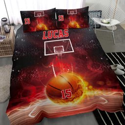 Personalized Basketball Duvet Cover Set, Basketball Red Fire Ball Player Gift Idea Duvet Cover & Pillowcases, Custom Name Number Bedding Set