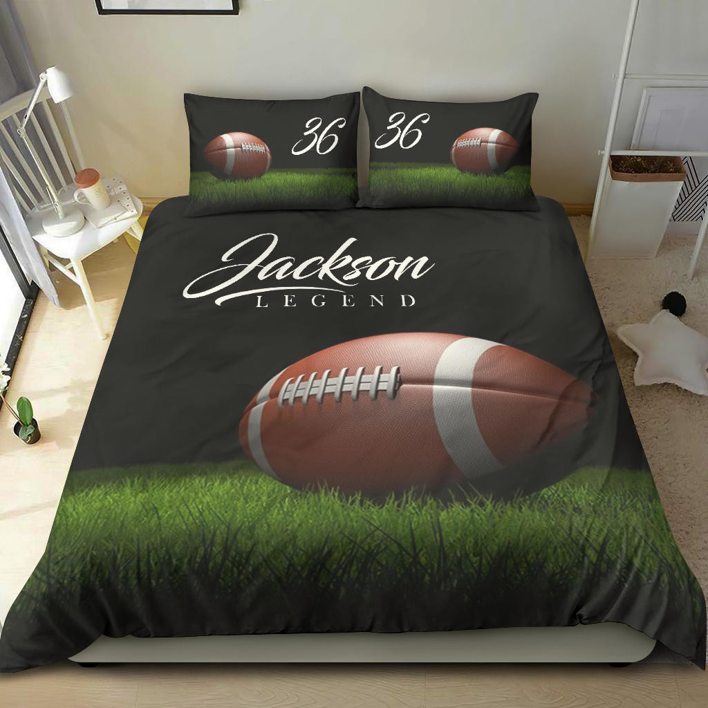 Personalized Football Duvet Cover Set, Football Ball On Grass Vintage Player Gift Duvet Cover & Pillowcases, Custom Name Number Bedding Set