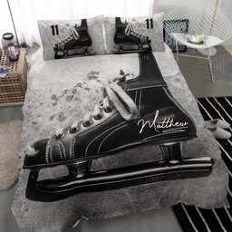 Personalized Hockey Duvet Cover Set, Hockey Skate Shoes Player Gift Vintage Grey Duvet Cover & Pillowcases, Custom Name Number Bedding Set