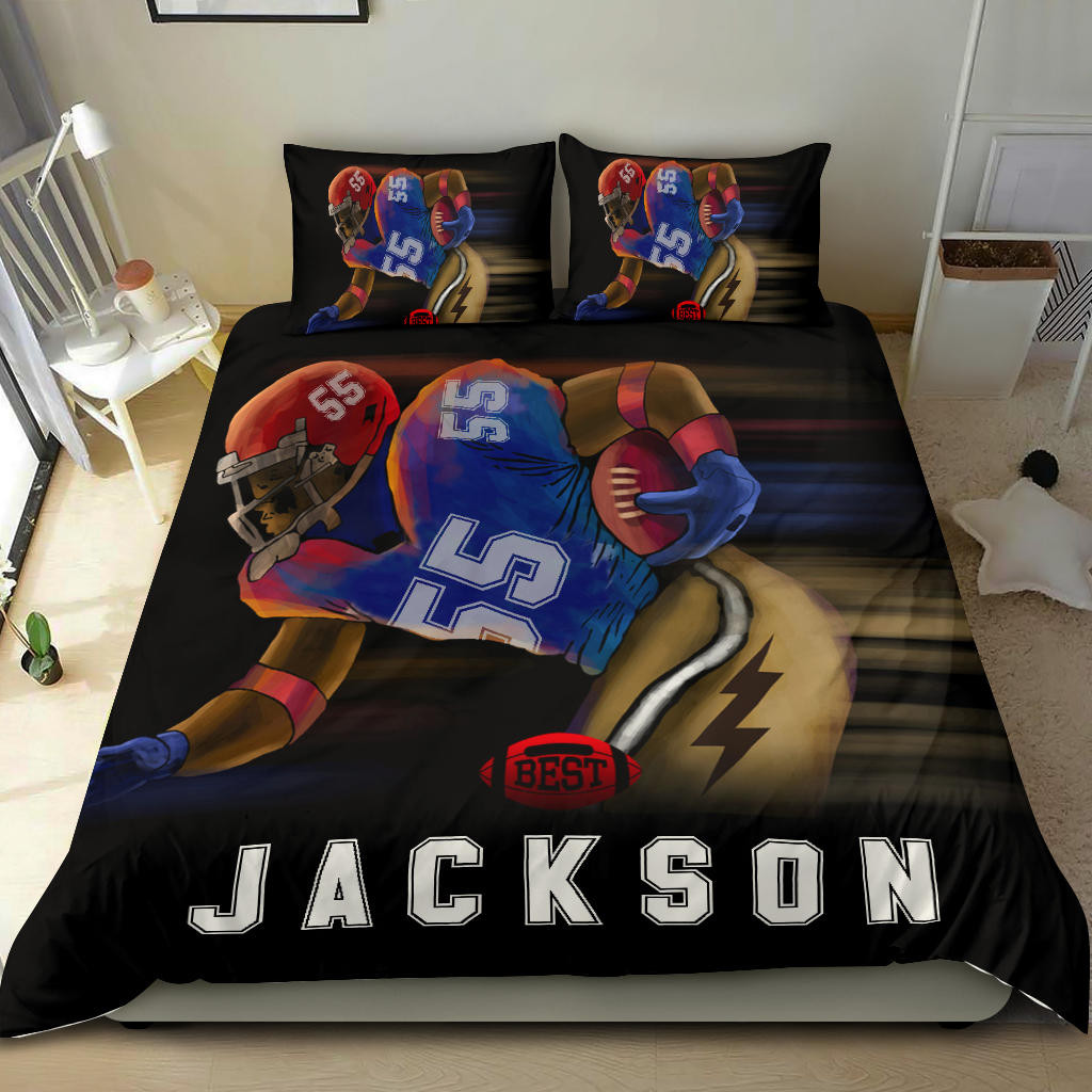 Personalized Football Duvet Cover Set, Football Boy Running Player Gift Idea Duvet Cover & Pillowcases, Custom Name Number Bedding Set
