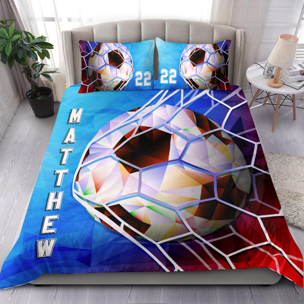 Personalized Soccer Duvet Cover Set, Soccer Ball Low Poly Player Gift Idea Duvet Cover & Pillowcases, Custom Name Number Bedding Set