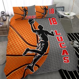 Personalized Basketball Duvet Cover Set, Basketball Boy Slam Dunk Player Gift Grey Duvet Cover & Pillowcases, Custom Name Number Bedding Set