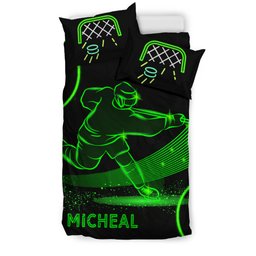 Personalized Hockey Duvet Cover Set, Ice Hockey Neon Green Player Gift Idea Black Duvet Cover & Pillowcases, Custom Name Number Bedding Set