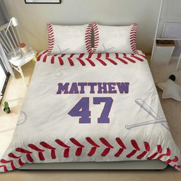 Personalized Baseball Duvet Cover Set, Baseball Pattern Grey Player Gift Idea Duvet Cover & Pillowcases, Custom Name Number Bedding Set