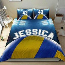Personalized Volleyball Duvet Cover Set, Volleyball Ball Stadium Player Gift Blue Duvet Cover & Pillowcases, Custom Name Number Bedding Set