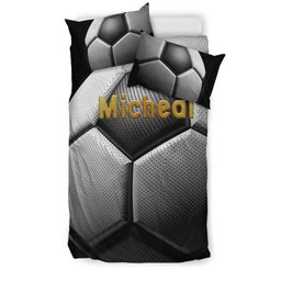 Personalized Soccer Duvet Cover Set, Soccer Ball 3D Memory Player Gift Idea Black Duvet Cover & Pillowcases, Custom Name Number Bedding Set