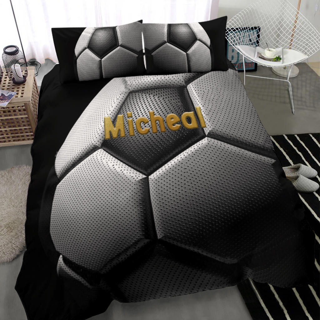 Personalized Soccer Duvet Cover Set, Soccer Ball 3D Memory Player Gift Idea Black Duvet Cover & Pillowcases, Custom Name Number Bedding Set