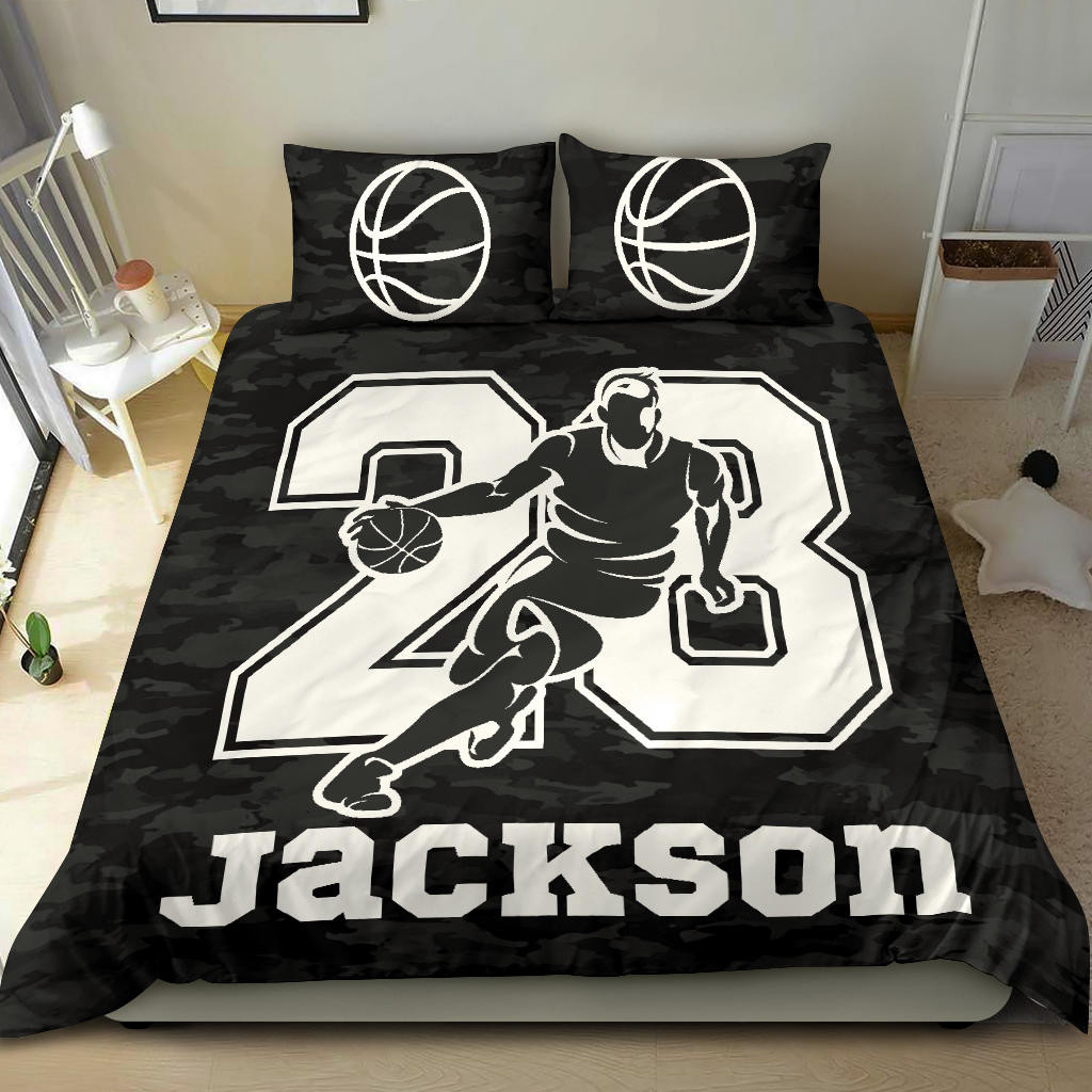 Personalized Basketball Duvet Cover Set, Basketball Boy Black Camo Player Gift Idea Duvet Cover & Pillowcases, Custom Name Number Bedding Set