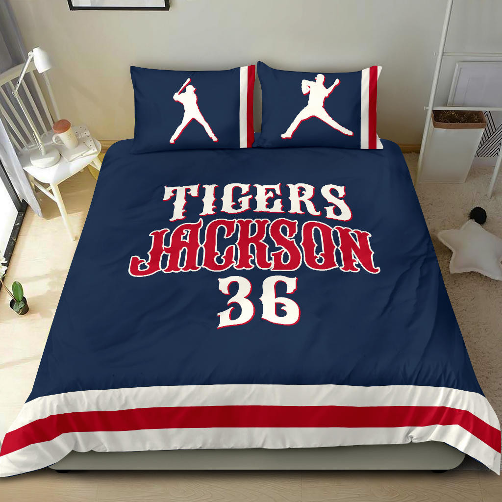 Personalized Baseball Duvet Cover Set, Baseball Player Gift Idea Blue Denim Duvet Cover & Pillowcases, Custom Name Number Bedding Set