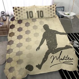 Personalized Soccer Duvet Cover Set, Soccer Ball Pattern Beige Vintage Player Fan Duvet Cover & Pillowcases, Custom Name Number Bedding Set