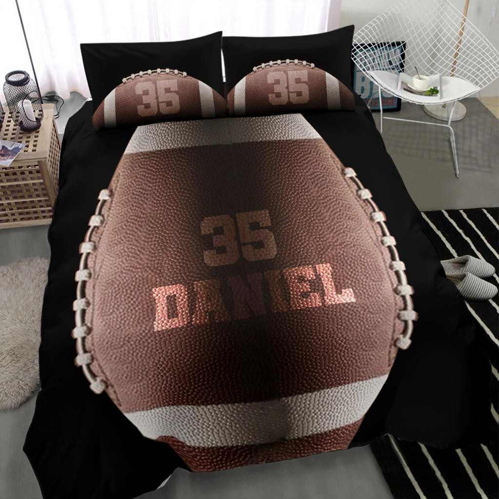 Personalized Football Duvet Cover Set, Football Ball Dark 3D Player Gift Idea Black Duvet Cover & Pillowcases, Custom Name Number Bedding Set
