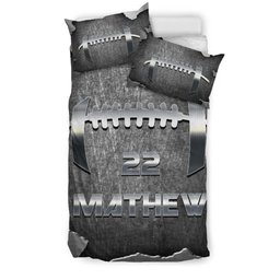 Personalized Football Duvet Cover Set, Football Ball Pattern Metal Player Gift Grey Duvet Cover & Pillowcases, Custom Name Number Bedding Set