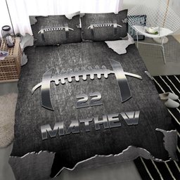 Personalized Football Duvet Cover Set, Football Ball Pattern Metal Player Gift Grey Duvet Cover & Pillowcases, Custom Name Number Bedding Set