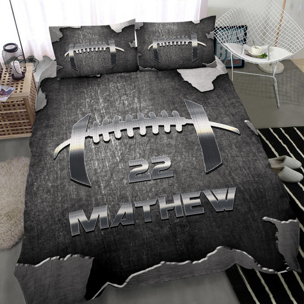 Personalized Football Duvet Cover Set, Football Ball Pattern Metal Player Gift Grey Duvet Cover & Pillowcases, Custom Name Number Bedding Set