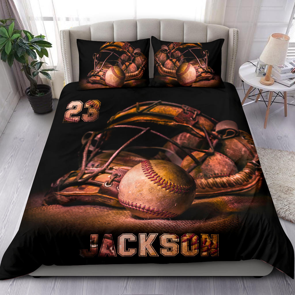 Personalized Baseball Duvet Cover Set, Baseball Ball Helmet Vintage Unique Gift Duvet Cover & Pillowcases, Custom Name Number Bedding Set
