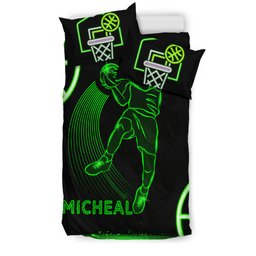 Personalized Basketball Duvet Cover Set, Basketball Boy Neon Green Player Gift Idea Duvet Cover & Pillowcases, Custom Name Number Bedding Set