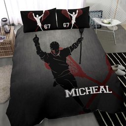 Personalized Lacrosse Duvet Cover Set, Lacrosse Champion Winner Grey Player Gift Duvet Cover & Pillowcases, Custom Name Number Bedding Set