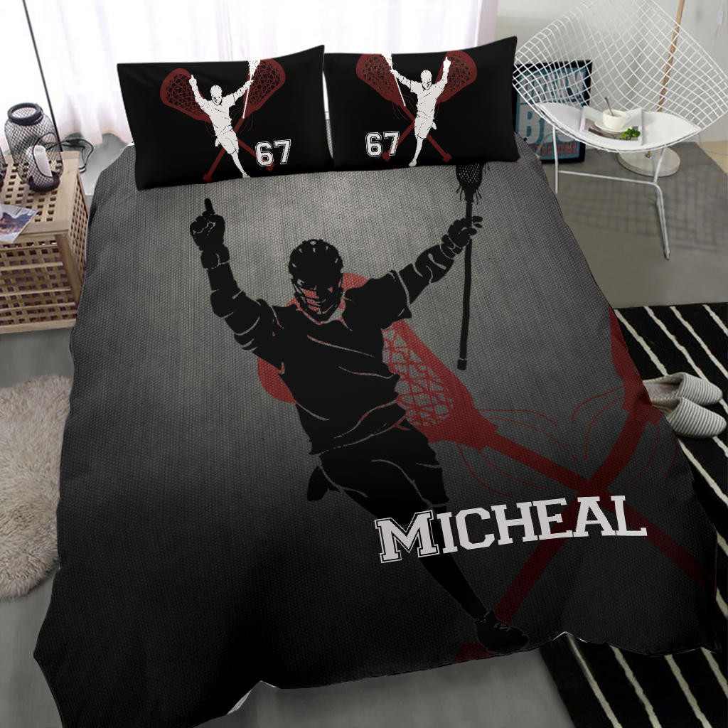 Personalized Lacrosse Duvet Cover Set, Lacrosse Champion Winner Grey Player Gift Duvet Cover & Pillowcases, Custom Name Number Bedding Set