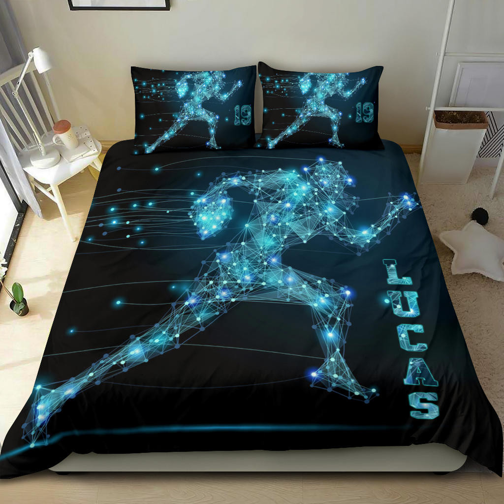 Personalized Football Duvet Cover Set, Football Digital Line Player Gift Idea Blue Duvet Cover & Pillowcases, Custom Name Number Bedding Set