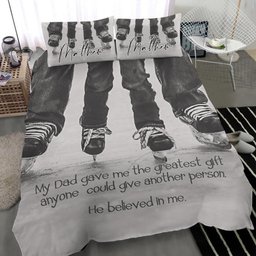 Personalized Hockey Duvet Cover Set, Hockey My Dad Believe Me Vintage Grey Player Duvet Cover & Pillowcases, Custom Name Number Bedding Set