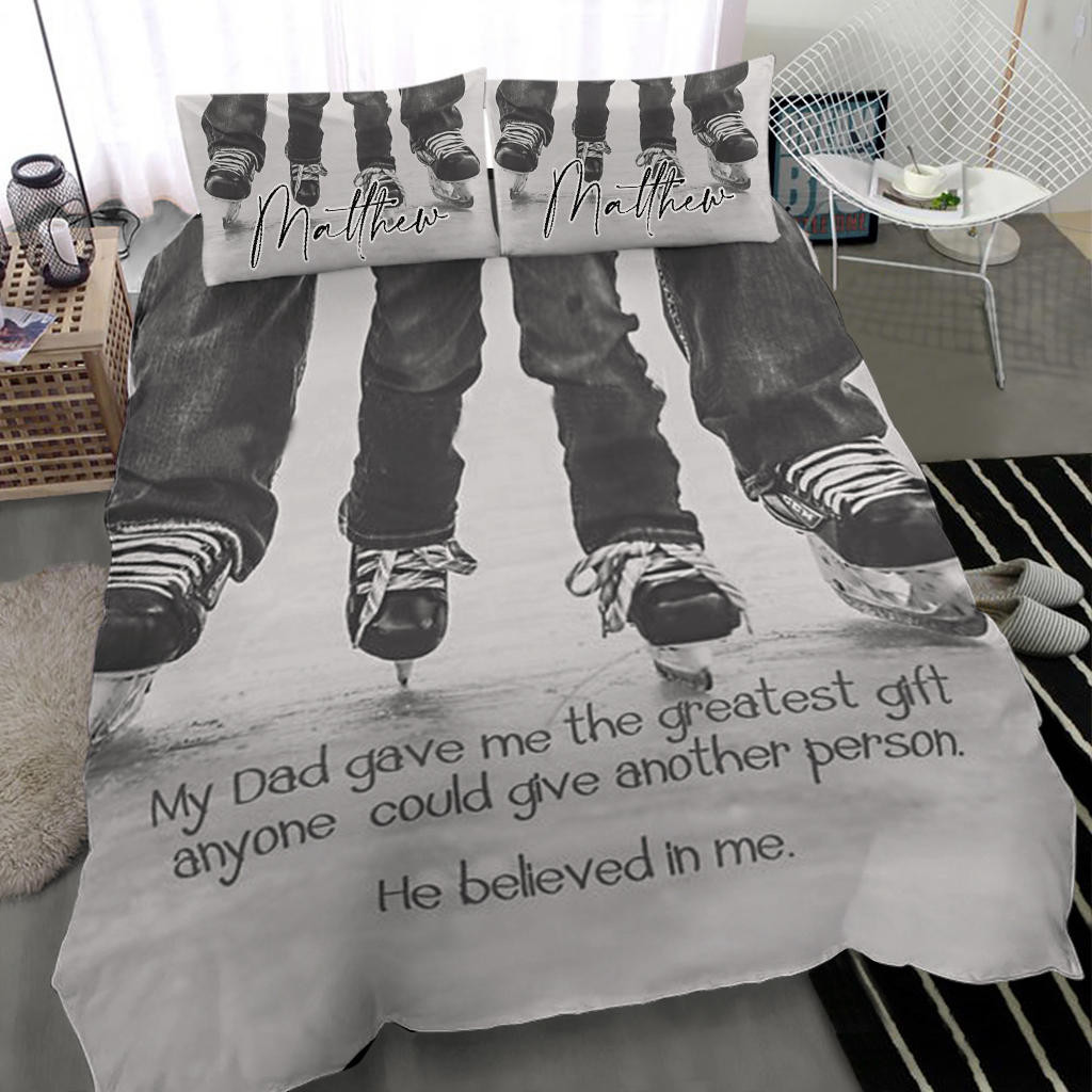Personalized Hockey Duvet Cover Set, Hockey My Dad Believe Me Vintage Grey Player Duvet Cover & Pillowcases, Custom Name Number Bedding Set