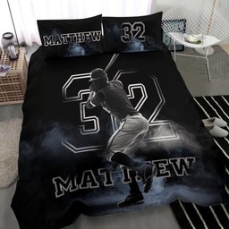 Personalized Baseball Duvet Cover Set, Baseball Fog Batter Player Gift Idea Black Duvet Cover & Pillowcases, Custom Name Number Bedding Set