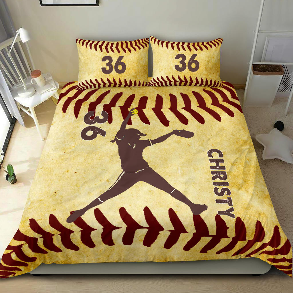 Personalized Softball Duvet Cover Set, Softball Pitcher Girl Player Gift Idea Duvet Cover & Pillowcases, Custom Name Number Bedding Set