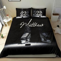 Personalized Hockey Duvet Cover Set, Hockey Shoes Skate Player Gift Idea Black Duvet Cover & Pillowcases, Custom Name Number Bedding Set