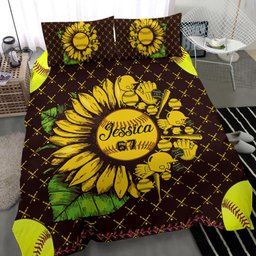 Personalized Softball Duvet Cover Set, Softball Sunflower Player Gift Idea Yellow Duvet Cover & Pillowcases, Custom Name Number Bedding Set