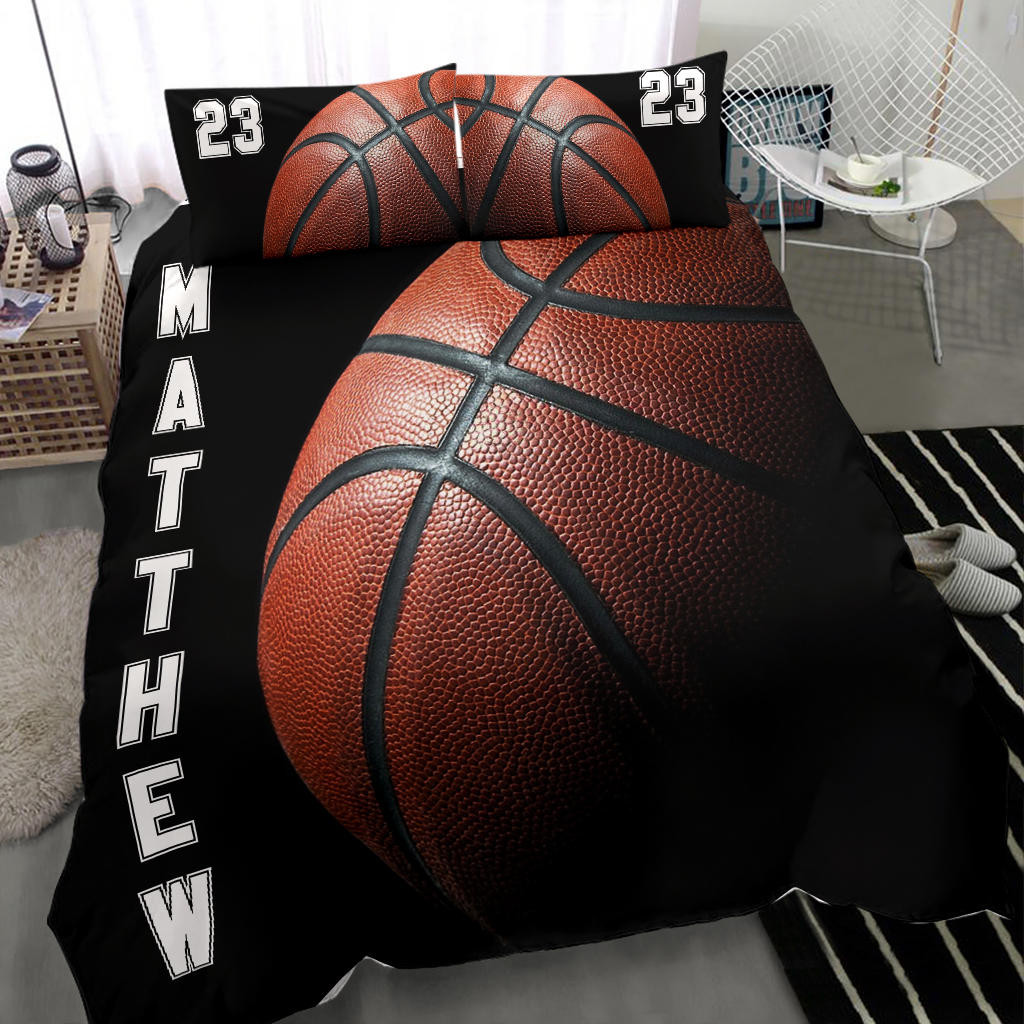 Personalized Basketball Duvet Cover Set, Basketball Ball Dark Player Gift Idea Duvet Cover & Pillowcases, Custom Name Number Bedding Set